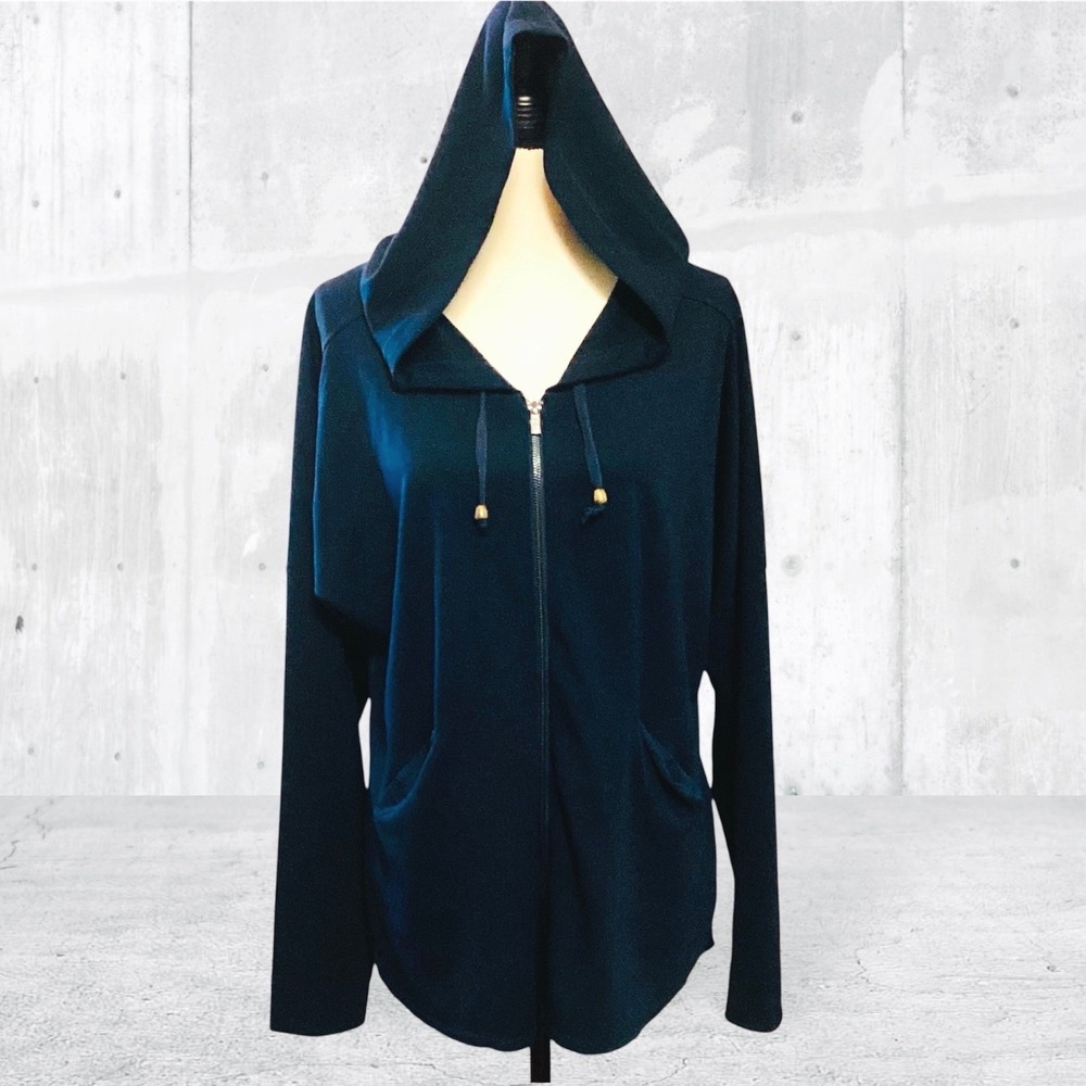 SAGA Women's Long Sleeve Jacket w Hood Mixed Media Contrasting Fabric Blue Size3 - Picture 2 of 11